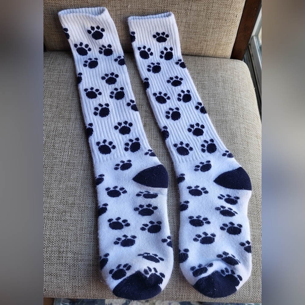 White Socks with Navy Blue Paw Prints